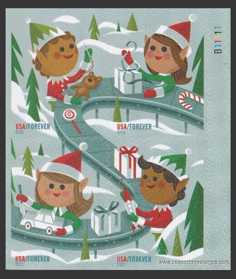 US 2022 Holiday Elves ; Se-tenant 60c.x4 Scott. 5724a