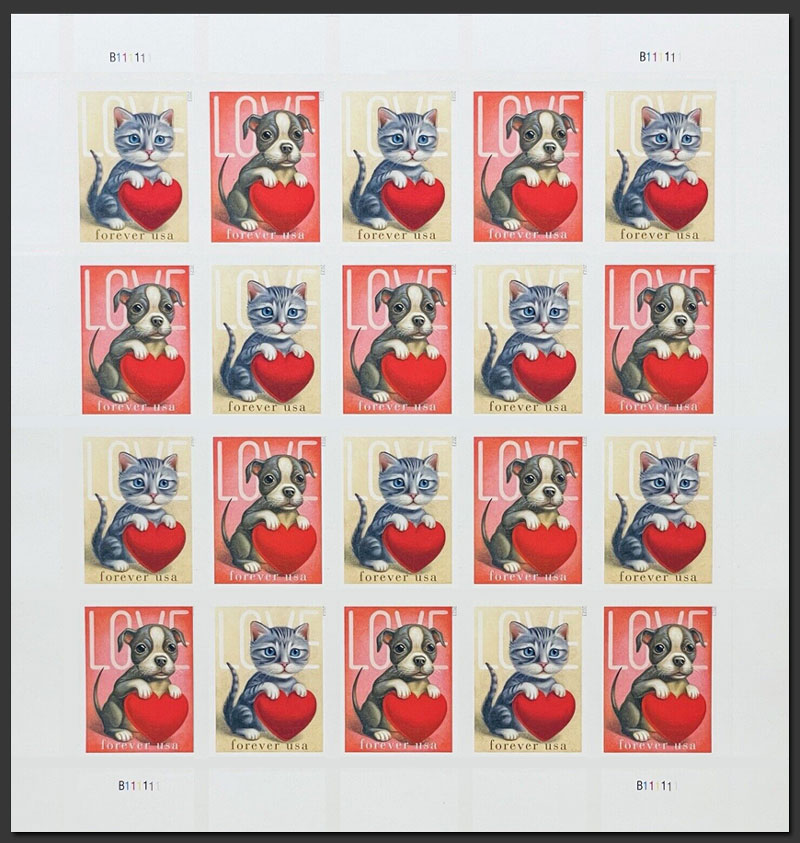 US 2023 Love : Kitten and Puppy ; Imperf. Full Sheet 60c.x20 Scott 5745a-46aMS